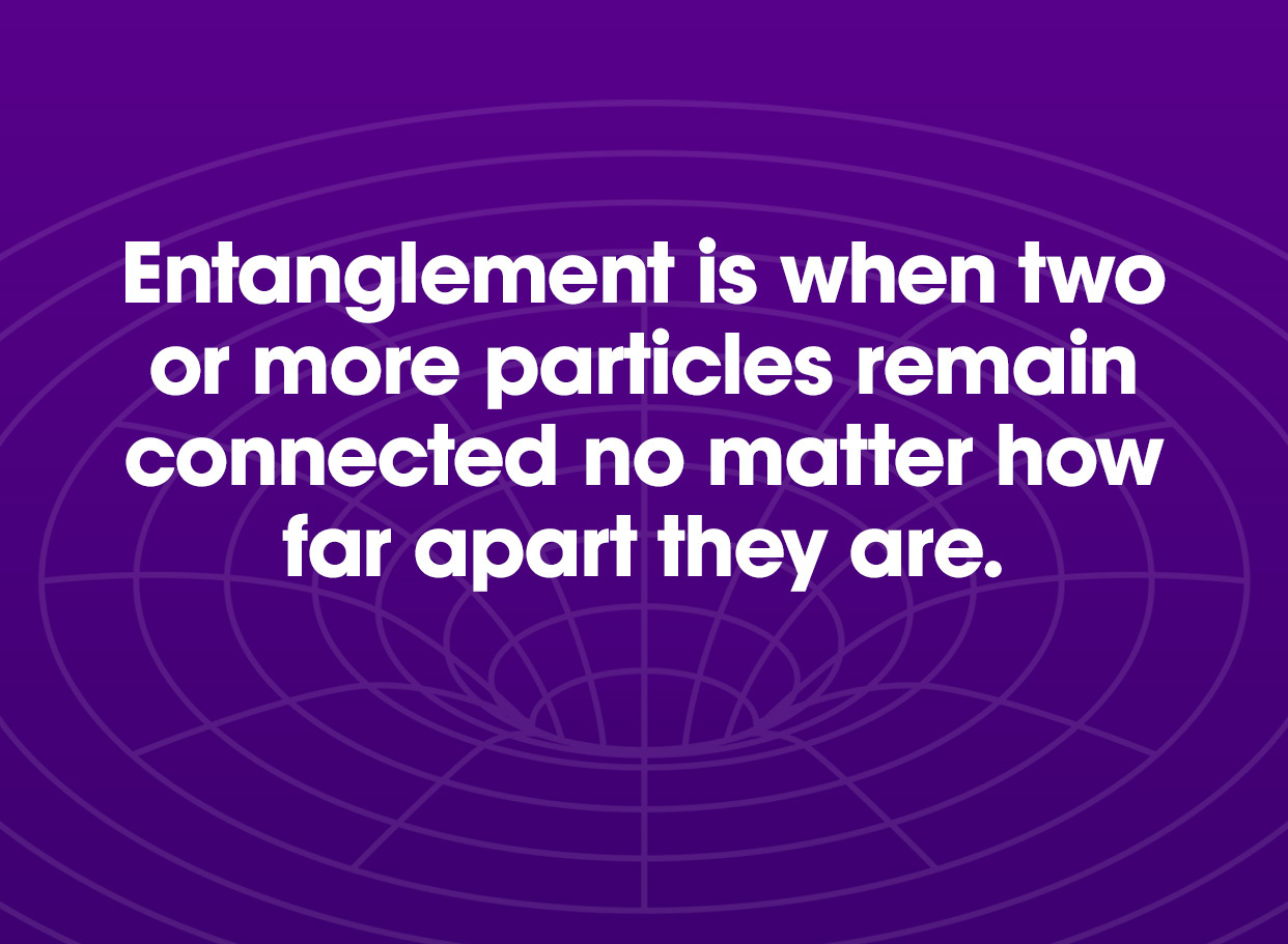 Entanglement is when two or more particles remain connected no matter how far apart they are. 