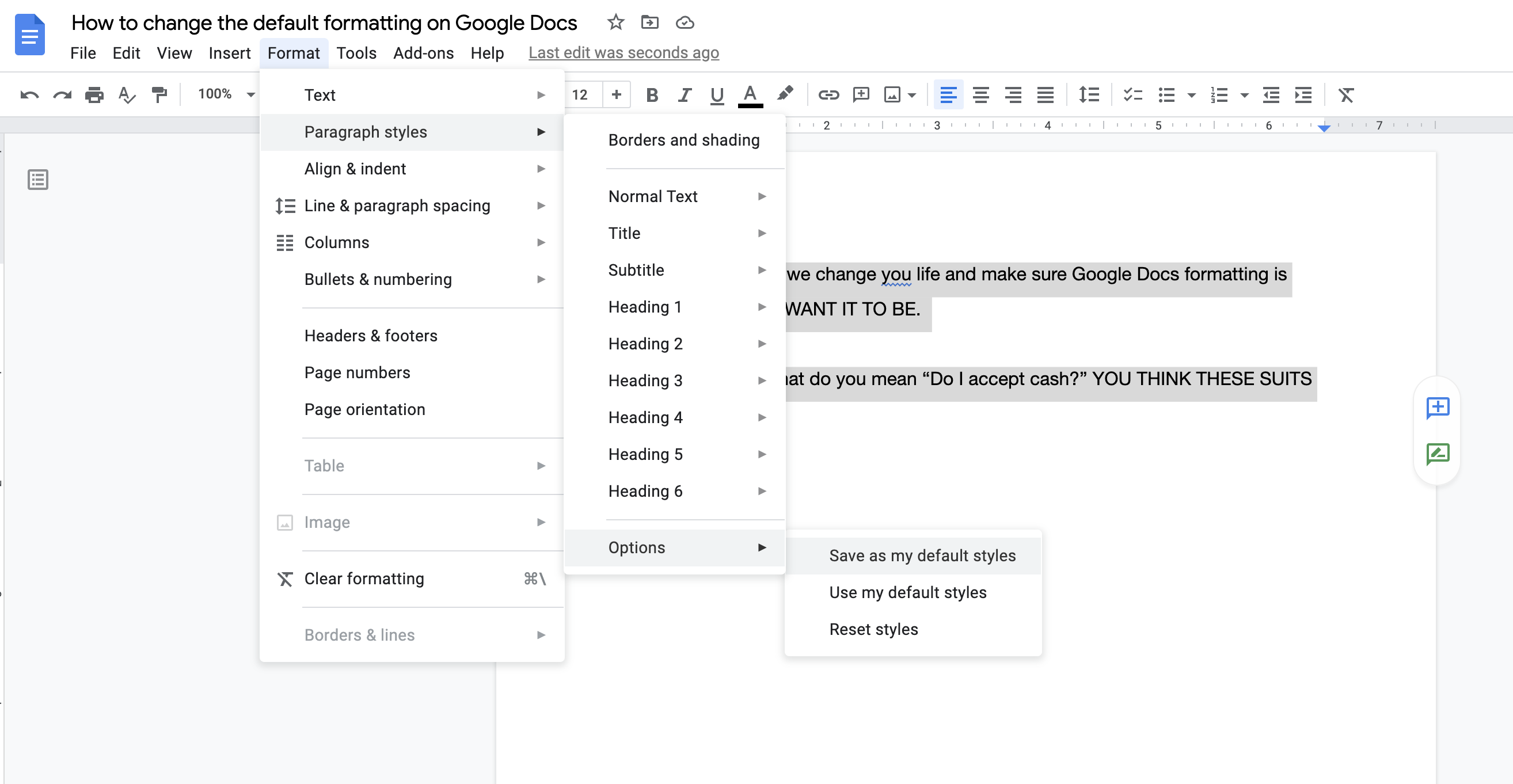 cambiar el formato predeterminado en Google Docs paso dos