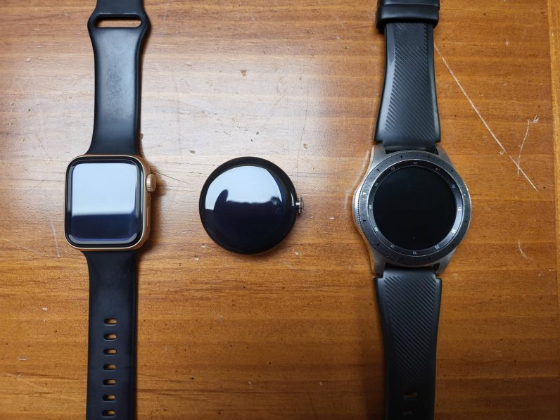 A side by side with a 40mm Apple Watch and 46mm Galaxy Watch