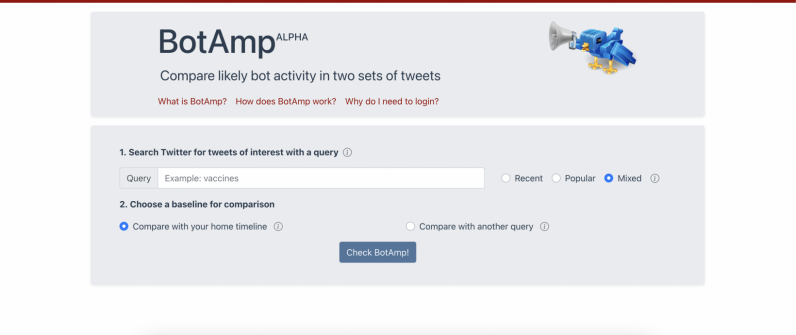 Screenshot of BotAmp application comparing bot activity potential for two topics on Twitter.  Yang Kai Cheong