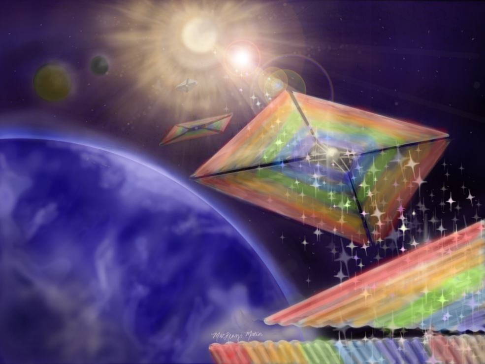 Diffractive solar sails, depicted in this conceptual illustration, could enable missions to hard-to-reach places, like orbits over the Sun’s poles. Credit: MacKenzi Martin
