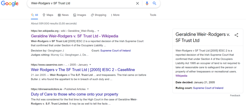 Screenshot of Google search results (13 September 2021) for Weir-Rodgers v. SF Trust Ltd