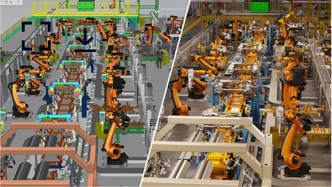 Siemens Process Simulate (left) connects to NVIDIA Omniverse (right) to enable a full-design-fidelity, photorealistic, real-time digital twin.