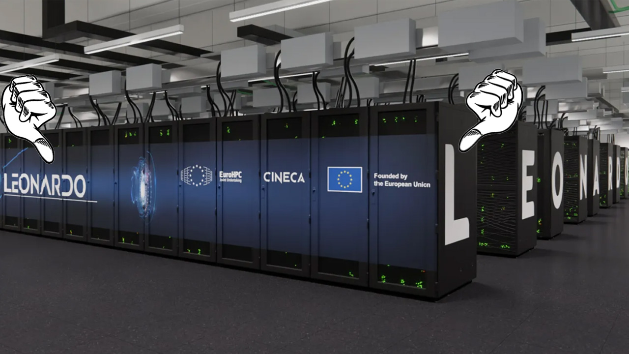 a picture of the Leonardo supercomputer with animated thumbs Photoshopped onto it