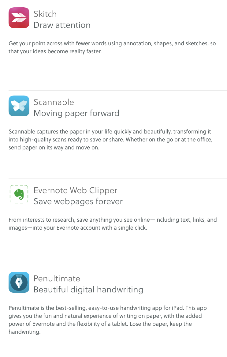 a list of the evernote apps currently available