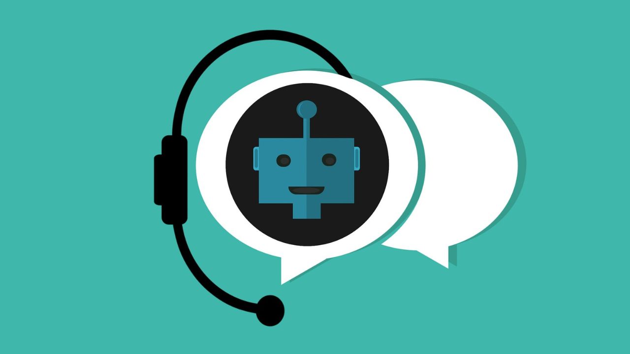 Graphic of a chatbot in a speech bubble wearing a headset