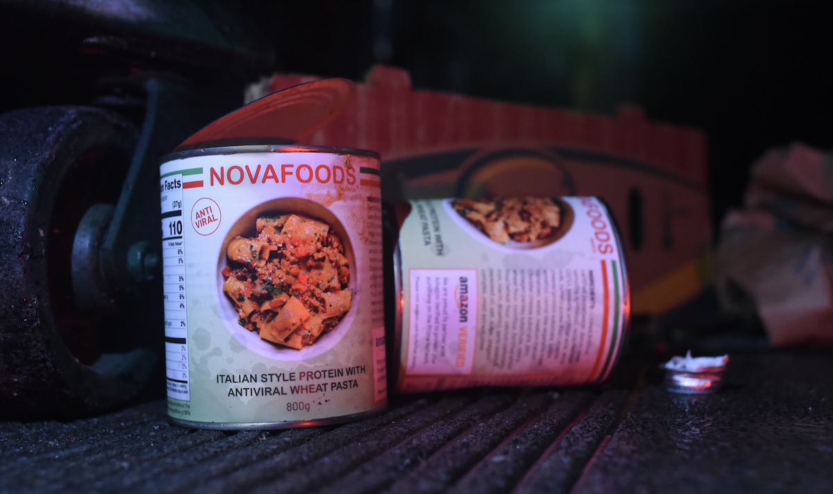 Two NOVAFOOD cans featuring Italian style protein with antiviral wheat pasta