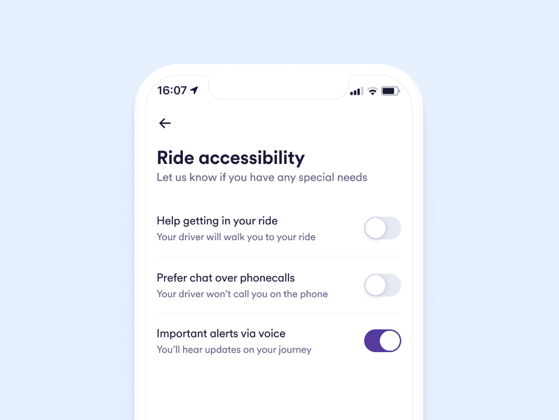 Cabify's accessibility menu 