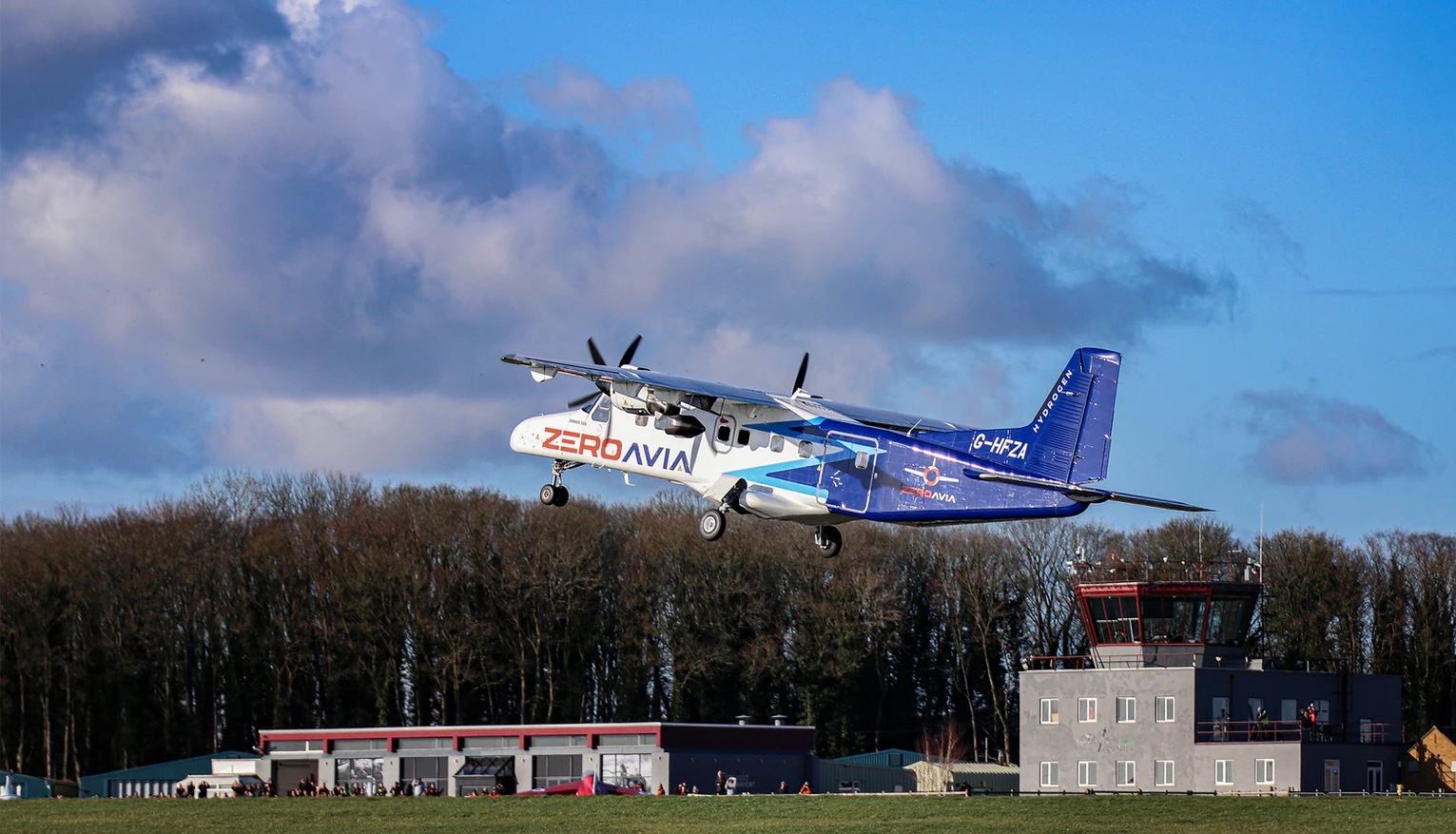 ZeroAvia Dornier 228 at Cotswold's airport taking off