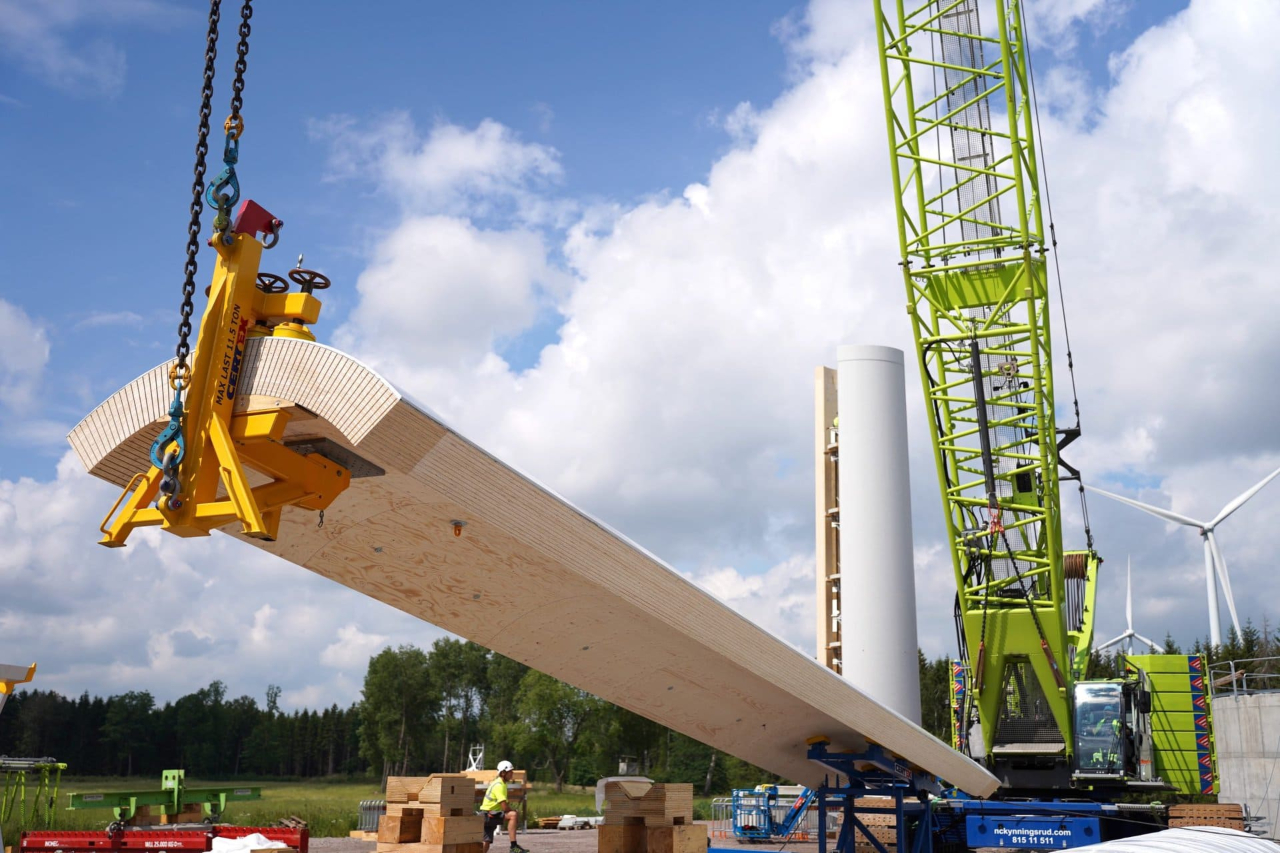 section of a wooden wind turbine tower being assembled in Sweden