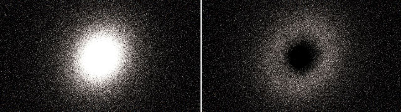 This slider image compares two views of a star cluster, which appears as a collection of bright stars against a dark background. On the left, the roughly circular cluster appears like a doughnut with an empty centre. On the right, this emptiness has been filled, with so many stars present that the core appears to be almost solidly bright rather than comprising individual stars.