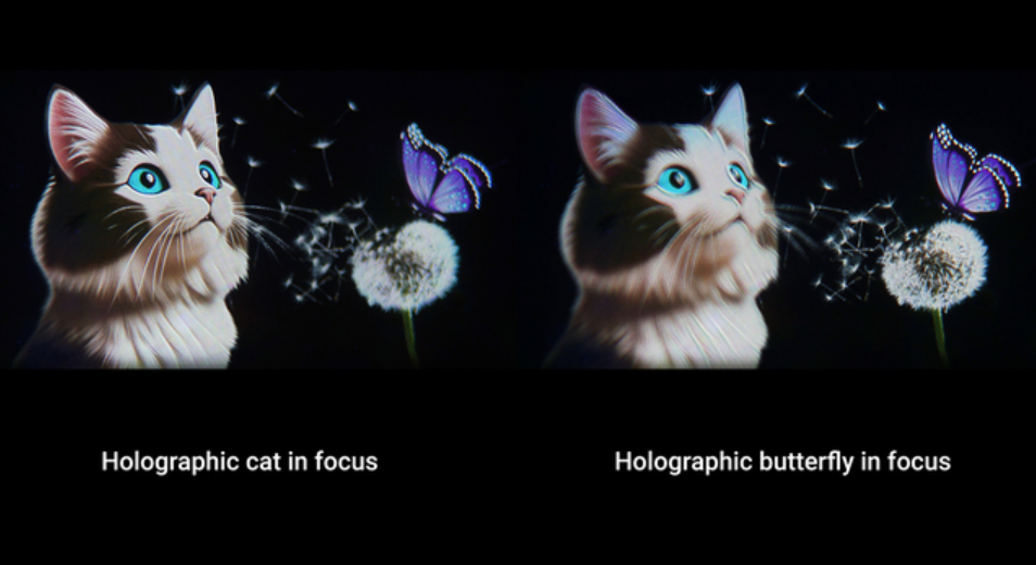 An image on the left shows a holographic cat in focus. An image on the right shows a holographic butterfly in focus