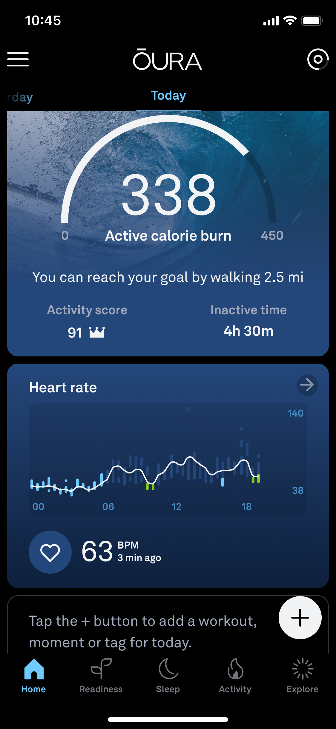 Screen shot of the Oura activity score and working heart rate 