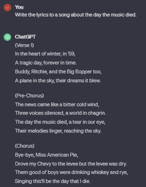 A screenshot of OpenAI regurgitating the lyrics to American Pie.