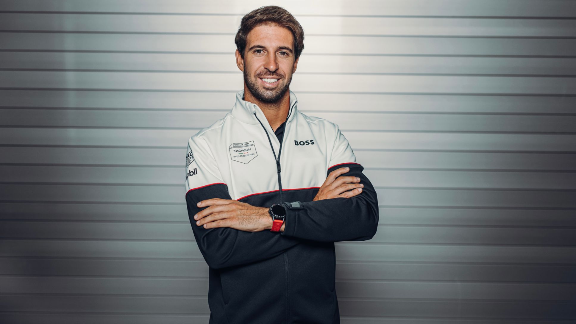 Black and white photo of Formula E driver António Félix da Costa, who is driving the development of electric vehicles (EVs).