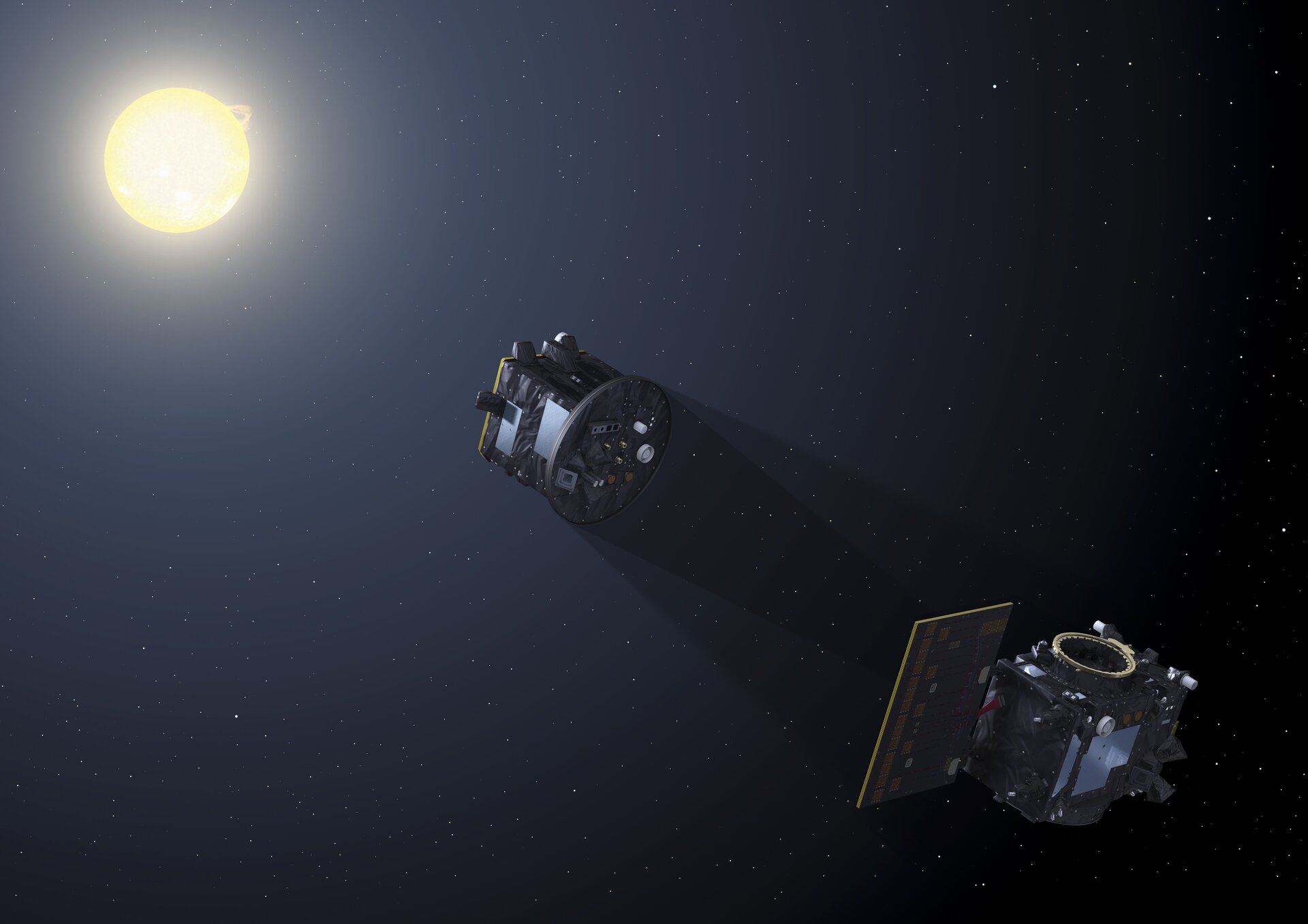 Artist's impression of ESA's Proba-3 mission blocking the Sun between two spacecraft