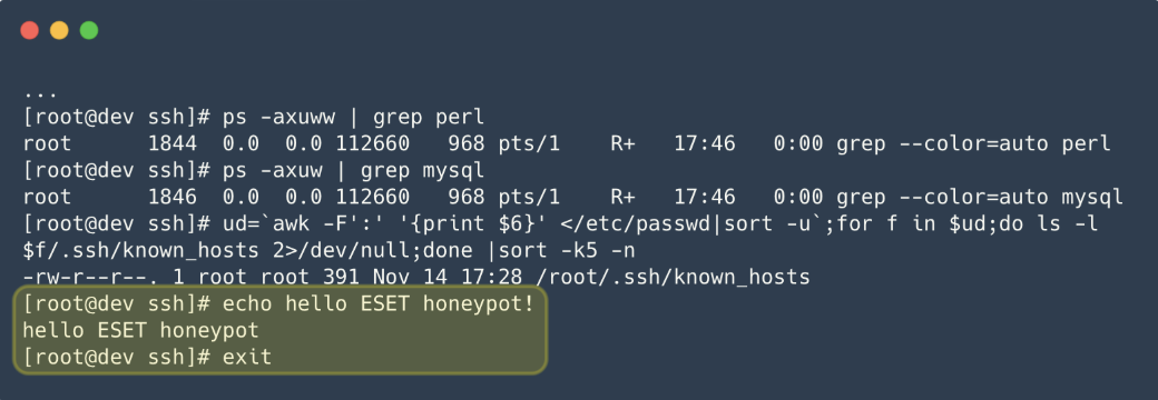 Screenshot of a message on a computer showing Interactions between the Ebury perpetrators and an ESET-operated honeypot, showing that the operators had flagged this system as a honeypot. Dutch police later reopened the case
