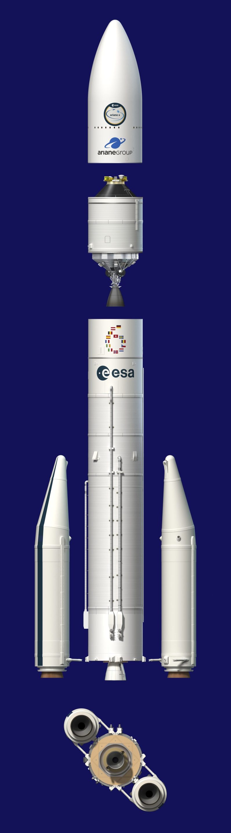 Ariane 6 bileşenlerinin sanatçı tarafından tasviri. 