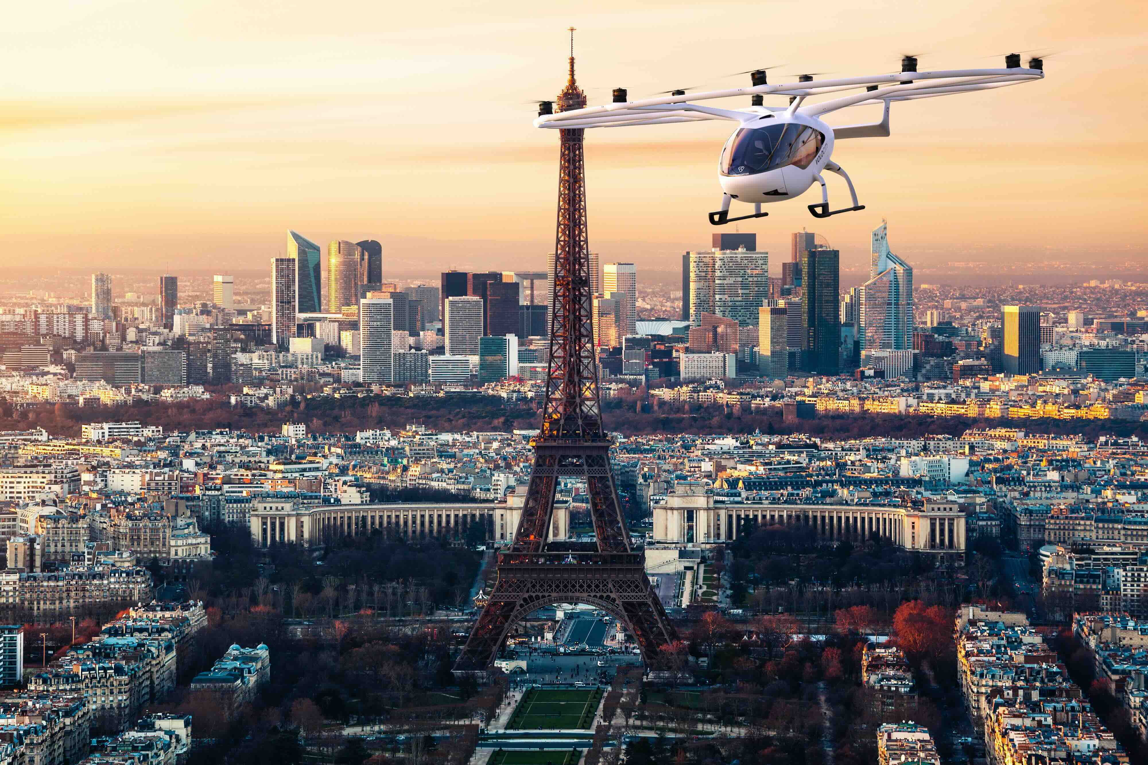 Sanatçının, Paris üzerinde uçan VoloCity hava taksisinin çizimi.