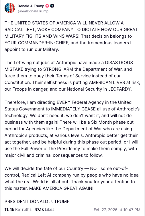 Donald J. Trump on the ban of use of Anthropic ban in every federal agency