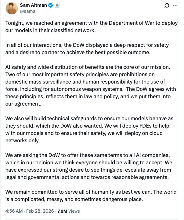 Sam Altman X post on the collaboration with DoW